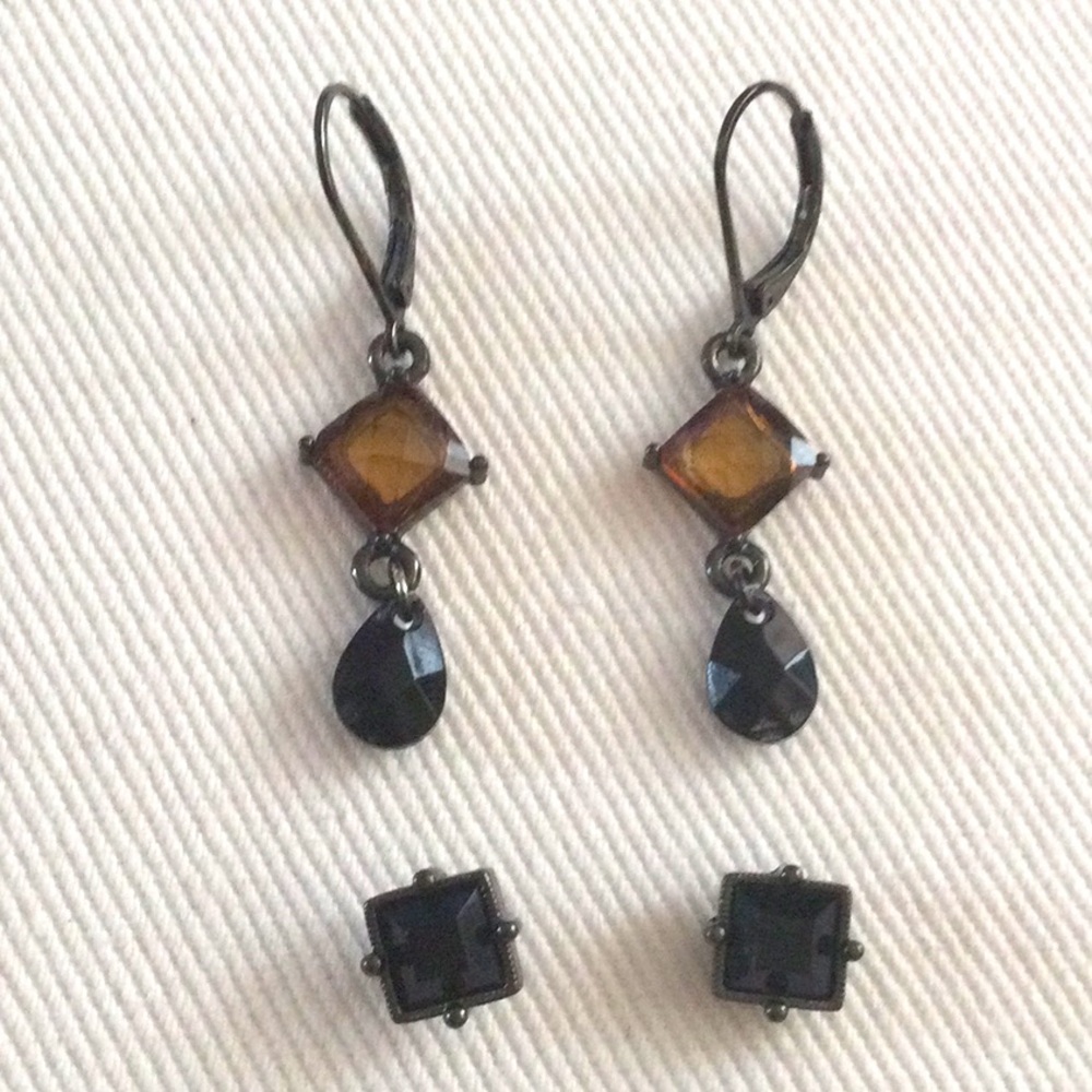 3/$10 | Elegant Square Black Studs and Black and Amber Dangling Earrings Set